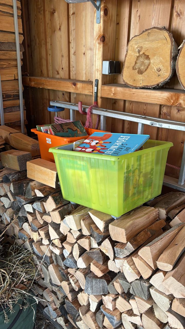 Zuerst werden die Bücher aus der Kindergarten-Bibliothek katalogisiert – viele Bücherkisten an verschiedenen Orten.